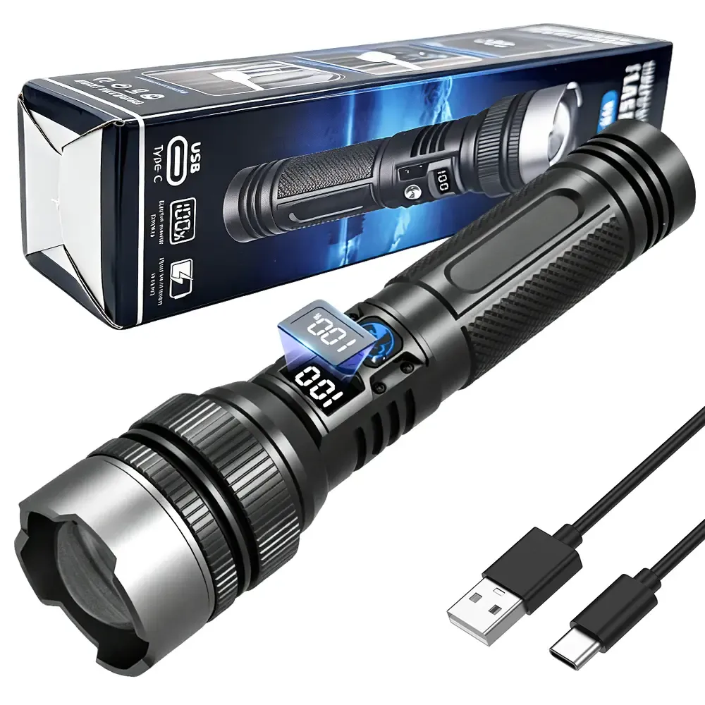 2-in-1 Strong Flashlight (Power Bank), Digital display ofpower, Rechargeable, Zoomable,, X4Waterproof,Adjustable Brightness Flash Light for Outdoor, Emergency,Camping Accessories, Black tiktokshopsummersale outdoorfun