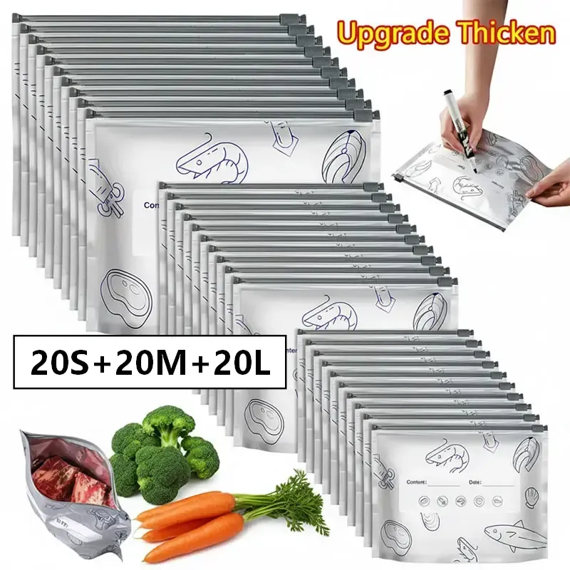 New reusable upgraded thickened upright aluminum foil sealing storage bags, with labels and zipper locks, suitable for washable kitchen items like vegetables, fruits, and meat