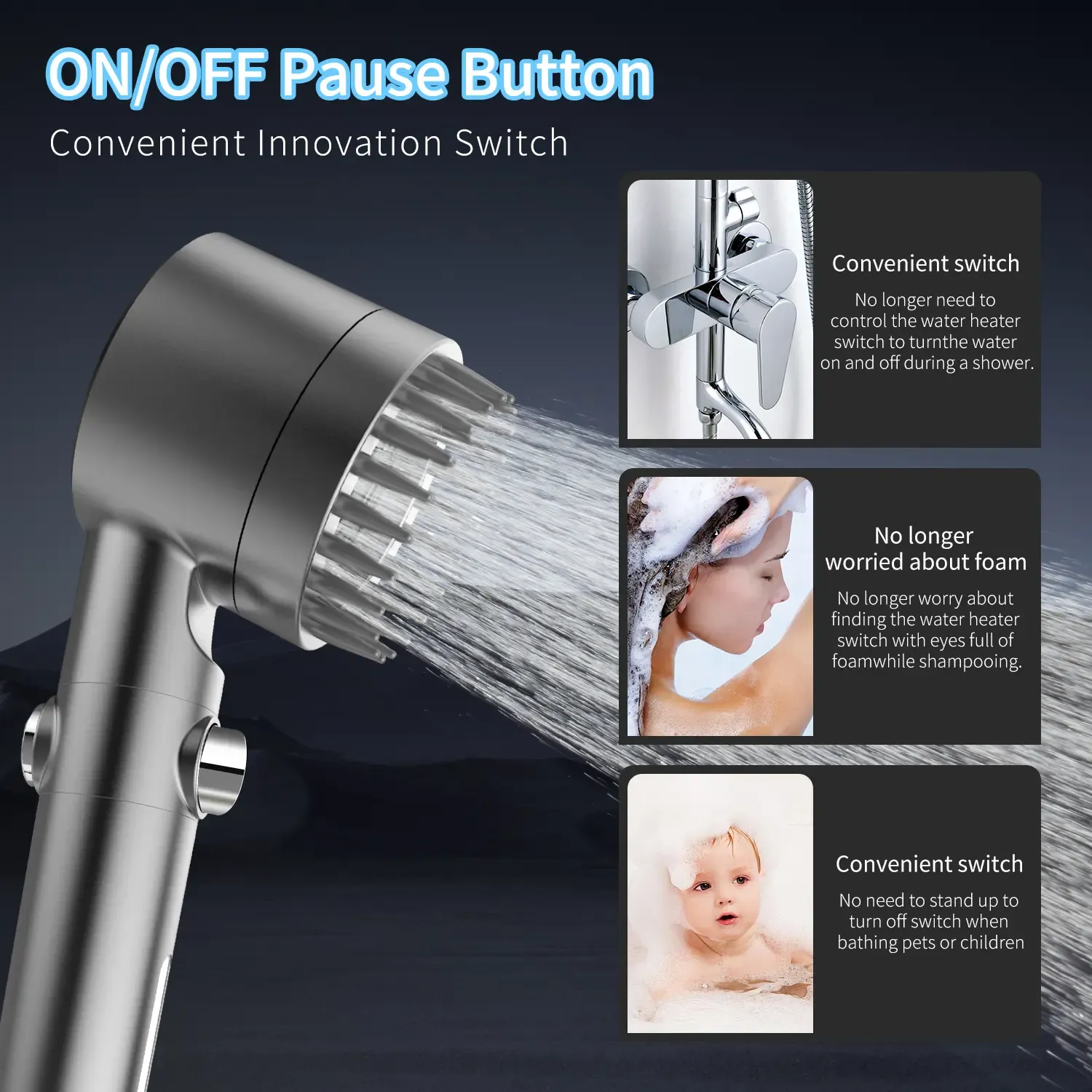 Chrome Effect Pressure Boosted Handheld Filter Shower Head, 4-Setting Massage Spray, 60s Hose, Easy Install, Low Flow, 1-Touch Water Stop, Micro-Technology Nozzles, Bathroom Fixture, Pressure Boosted Shower, Chrome Effect Showerhead Filters