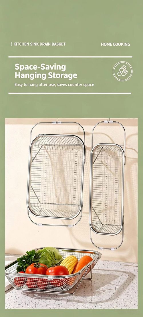 Kitchen stainless steel filter basket - 6-quart foldable filter basket, capable of filtering and storing, with extendable rubber handle - rectangular sieve, fine stainless steel filter and filter basket, suitable for kitchen