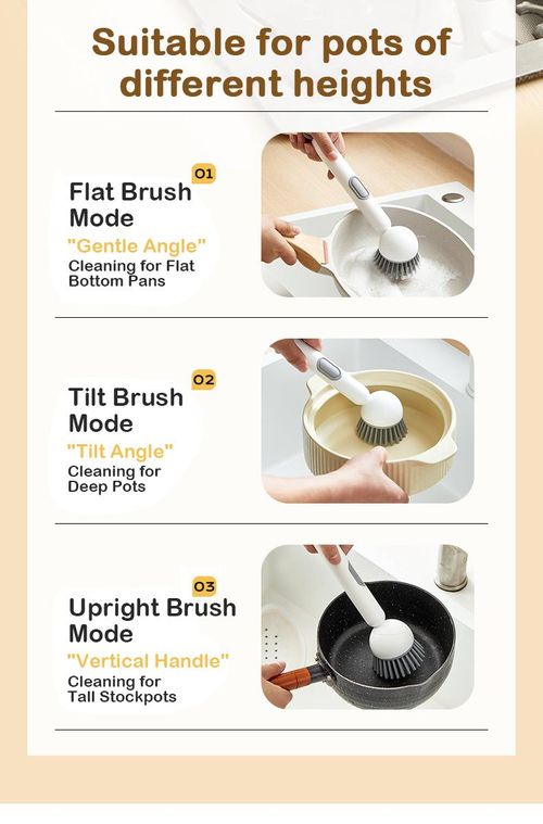 4 PCS  of six-in-one ABS dishwashing brushes, a year's worth of hygiene helper. Equipped with a leak-proof soap dispenser, adjustable angle, rotating cleaning function, wall-mounted design - comes with a cleaning pad. Soft bristles effectively remove stubborn stains, suitable for rinsing and draining cleaning of sinks and cookware.