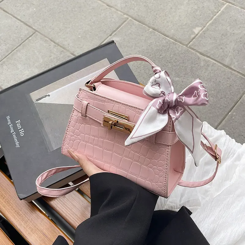 Elegant Crocodile Pattern Leather Handbag with Silk Scarf & Top Handle