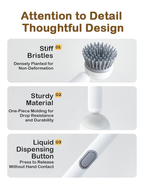 4 PCS  of six-in-one ABS dishwashing brushes, a year's worth of hygiene helper. Equipped with a leak-proof soap dispenser, adjustable angle, rotating cleaning function, wall-mounted design - comes with a cleaning pad. Soft bristles effectively remove stubborn stains, suitable for rinsing and draining cleaning of sinks and cookware.