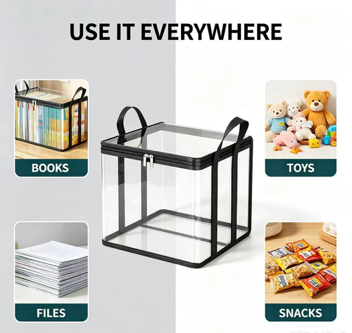 4 Pack Transparent Foldable Storage Box with Handle, Clear Book & File Organizer Bin