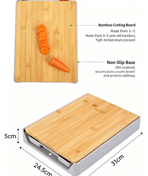 Multifunctional Bamboo Cutting Board with Storage Drawer & Garlic Ginger Grinder, Double Sided Anti Slip Kitchen Chopping Board