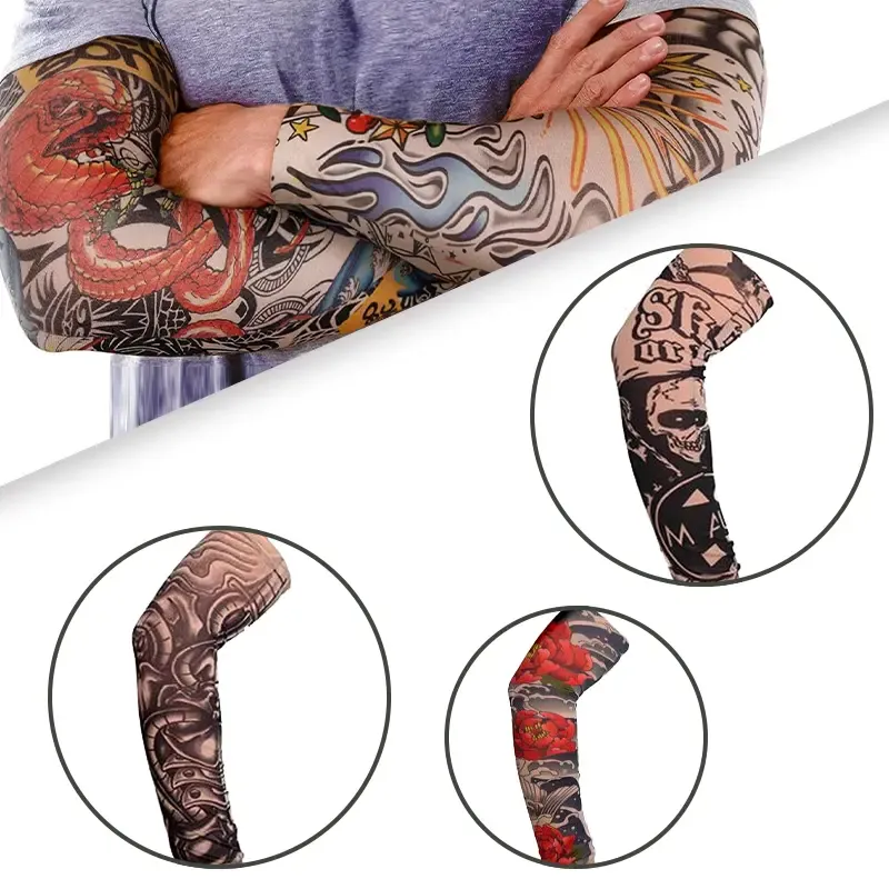 10-piece men's and women's tattoo arm sleeves with cooling function and UV protection, elastic sun-protective sleeves, suitable for daily life, outdoor sports, cycling, fishing, running and fitness etc.
