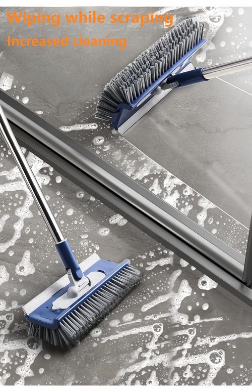Heavy Duty 4-in-1 Rotatable Long Handle Floor Scrub Brush with Squeegee Blade - Adjustable Stainless Steel Handle, 360° Bristles, Smooth Multi-Surface House Cleaning Tool for Tile, Glass - Home Supplies