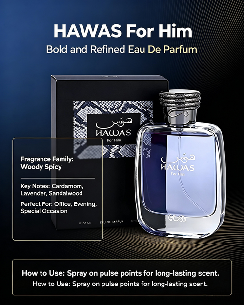 Hawas for Men Eau de Parfum 100ml 3.4 oz by Rassasi Men Perfume Fragrance, Long Lasting Aquatic Mens Perfume.