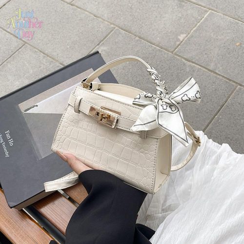 Elegant Crocodile Pattern Leather Handbag with Silk Scarf & Top Handle