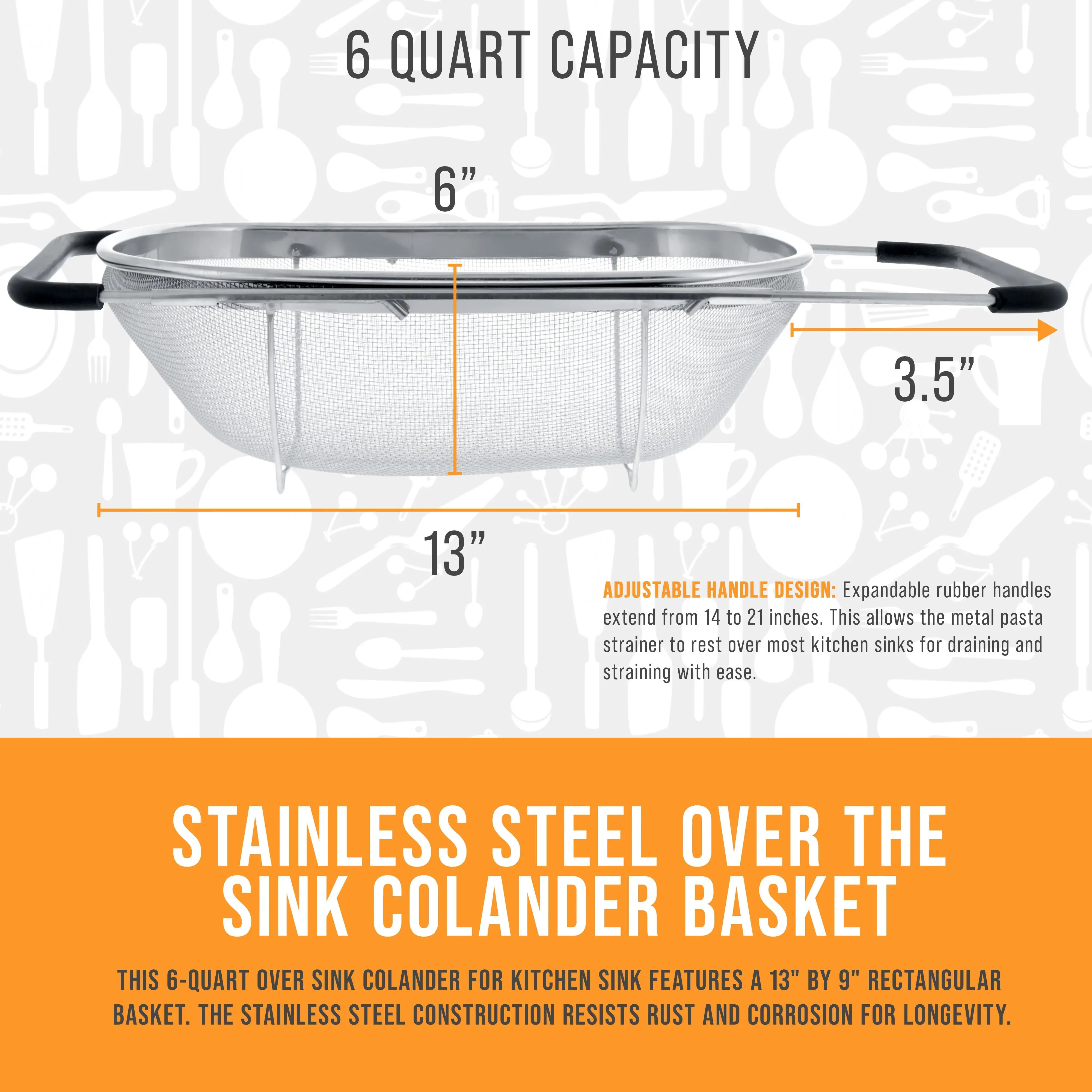 Kitchen stainless steel filter basket - 6-quart foldable filter basket, capable of filtering and storing, with extendable rubber handle - rectangular sieve, fine stainless steel filter and filter basket, suitable for kitchen