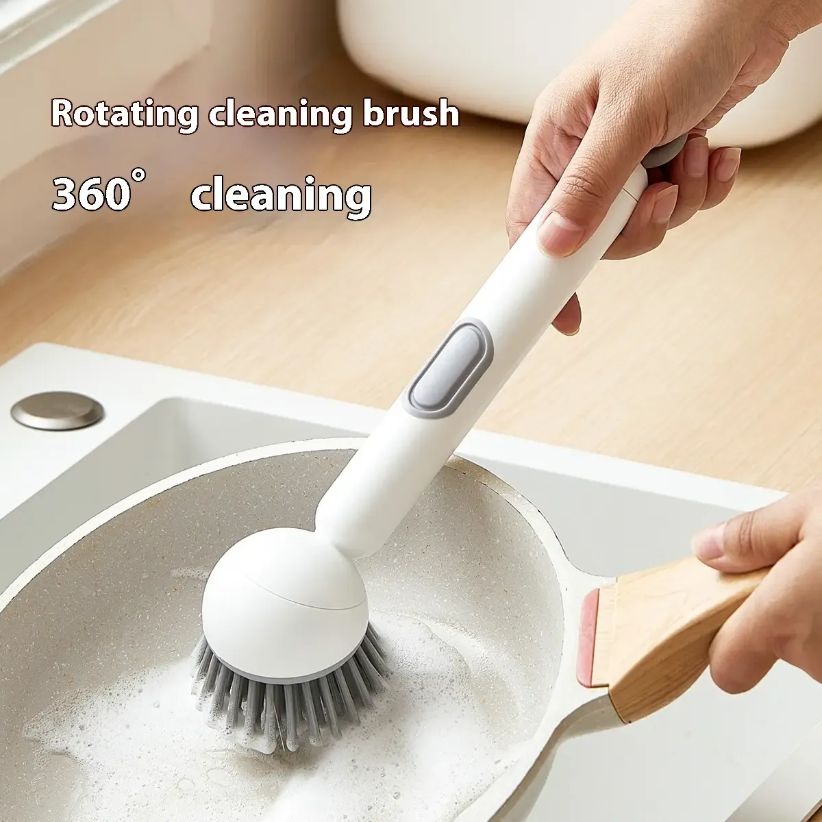 4 PCS  of six-in-one ABS dishwashing brushes, a year's worth of hygiene helper. Equipped with a leak-proof soap dispenser, adjustable angle, rotating cleaning function, wall-mounted design - comes with a cleaning pad. Soft bristles effectively remove stubborn stains, suitable for rinsing and draining cleaning of sinks and cookware.