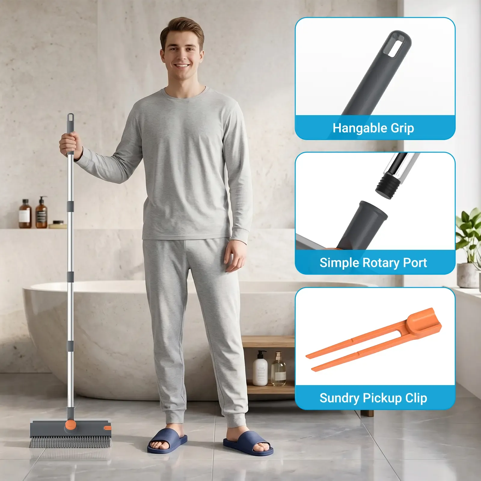 Heavy Duty 4-in-1 Rotatable Long Handle Floor Scrub Brush with Squeegee Blade - Adjustable Stainless Steel Handle, 360° Bristles, Smooth Multi-Surface House Cleaning Tool for Tile, Glass - Home Supplies