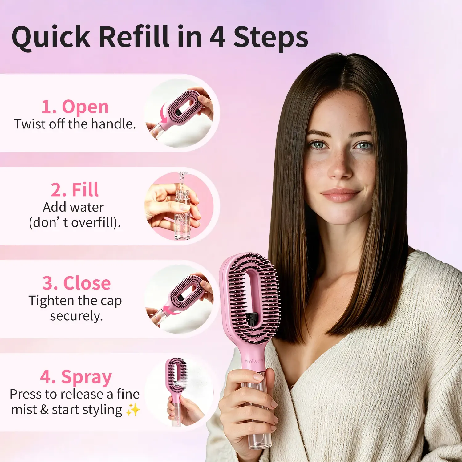 3-in-1 Mist Spray Hair Brush - Anti-Frizz Ionic Detangling Comb with Refillable 55ml Water Tank, Dual Bristle Design with Massage Tips for Dry, Curly & Thick Hair, Effortlessly untangle knotted hair tiktokshopbacktoschool