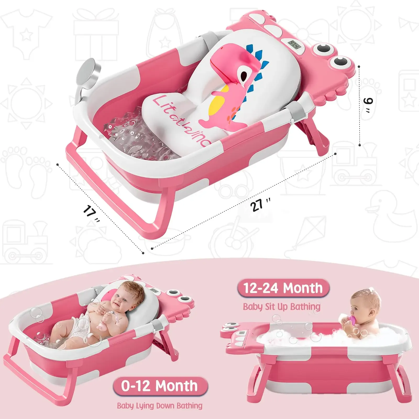 Collapsible Baby Bathtub | Real-Time Temp Monitor, Floating Cushion, Foldable Travel Tub for Newborns & Toddlers