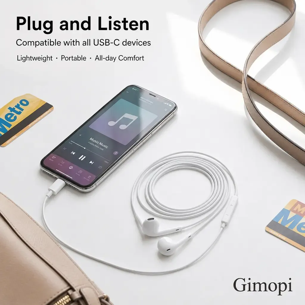 USB-C Wired Semi-In-Ear Headphones, Clear HiFi Stereo Wired Earbuds with Built-in Mic - Adjustable Volume Buttons, Lightweight Portable Daily Earphones, Compatible with iPhone 15,16,17,18, Samsung Galaxy Series, Hands-Free Calling - Daily Audio Use