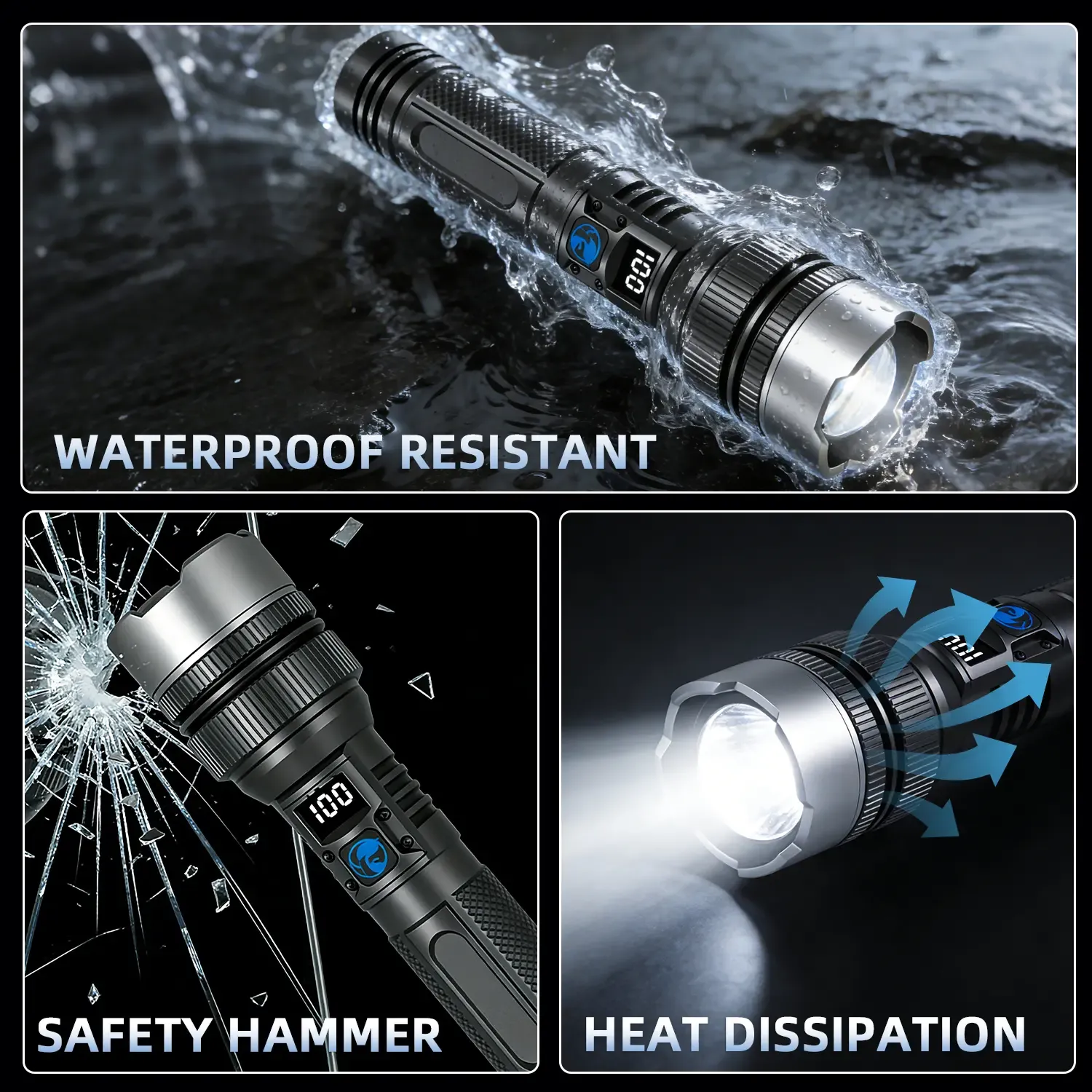 2-in-1 Strong Flashlight (Power Bank), Digital display ofpower, Rechargeable, Zoomable,, X4Waterproof,Adjustable Brightness Flash Light for Outdoor, Emergency,Camping Accessories, Black tiktokshopsummersale outdoorfun