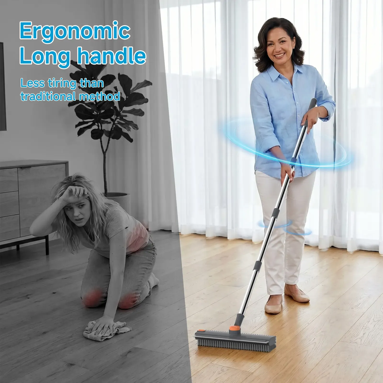Heavy Duty 4-in-1 Rotatable Long Handle Floor Scrub Brush with Squeegee Blade - Adjustable Stainless Steel Handle, 360° Bristles, Smooth Multi-Surface House Cleaning Tool for Tile, Glass - Home Supplies