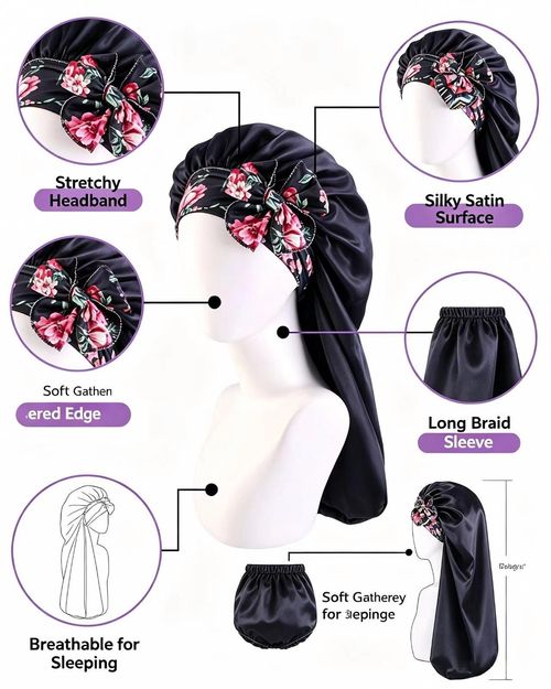 3 counts Bonnets for Black Women Braid Bonnet, Soft and Breathable,Large Long Satin Bonnet for Braids, Natural Curly Hair,Silk Bonnet with Stretchy Tie Band Sleep Cap Hair Haircare Heatless。