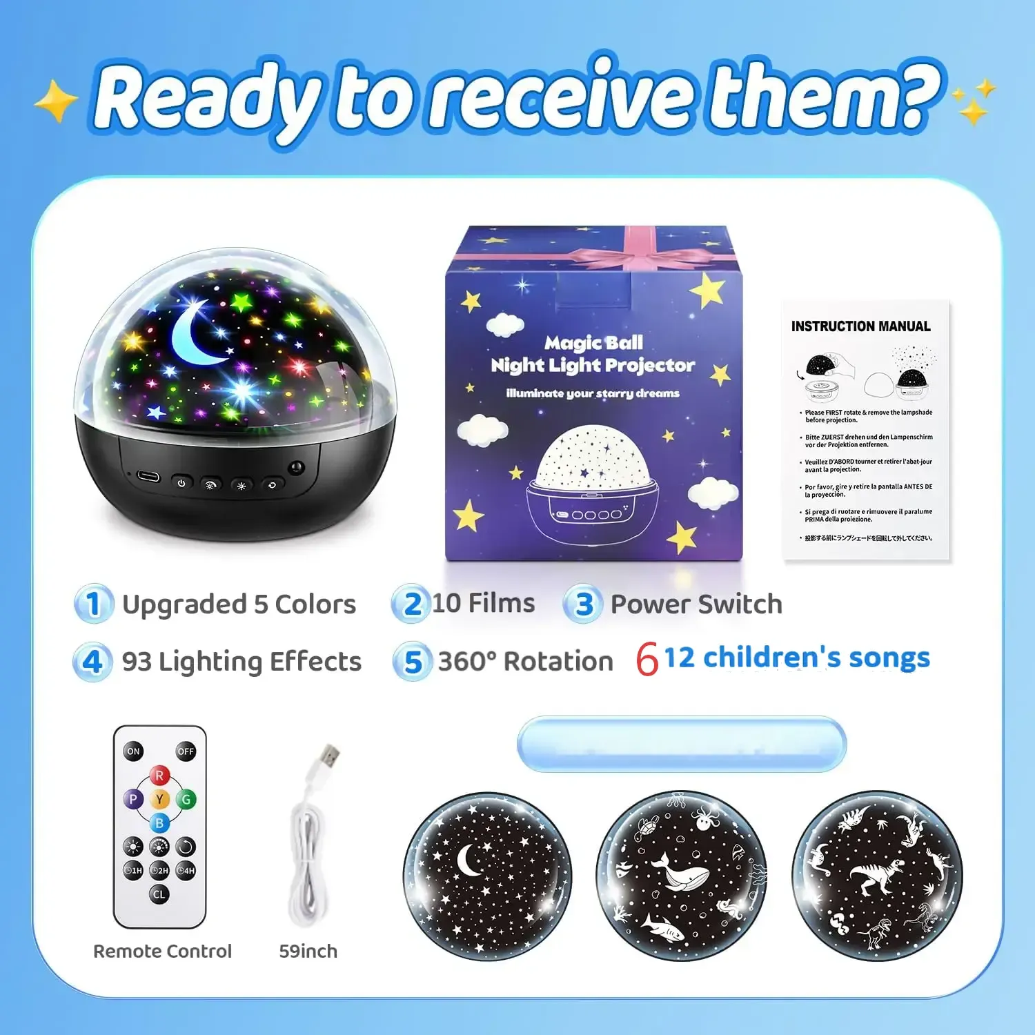 A gift that all children like. Children's night light 93 with 10 pieces of children's night light projectors, 12 children's songs, and a remote-controlled adjustable light star projector.