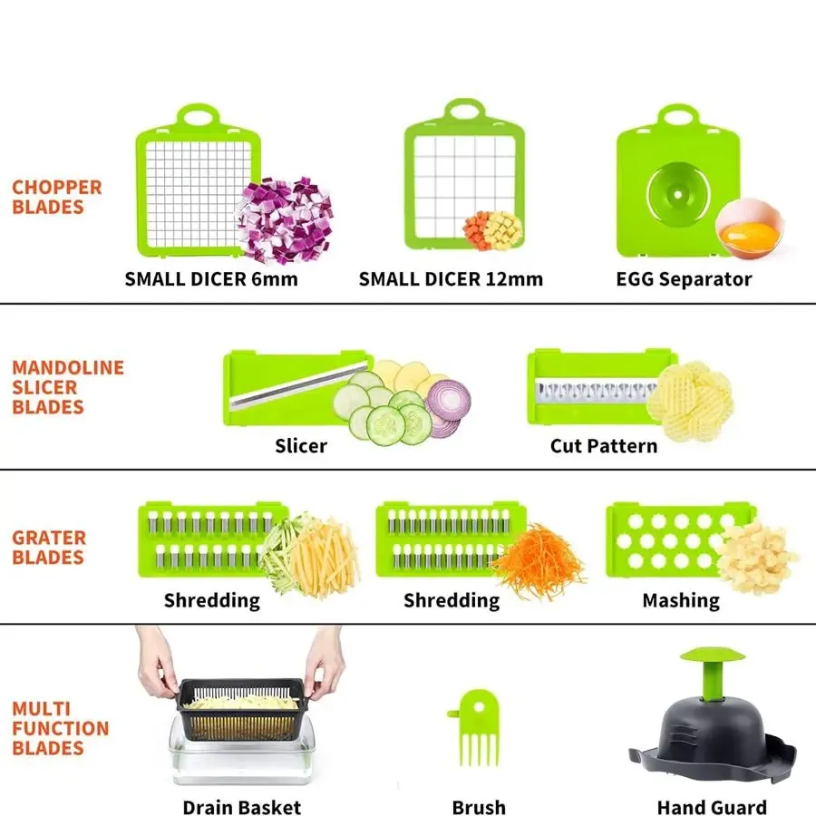 Household necessities - 15-in-1 multi-functional vegetable chopper and slicer set, kitchen food preparation tool, equipped with various blades, capable of cutting onions, potatoes and garlic, vegetable slicer