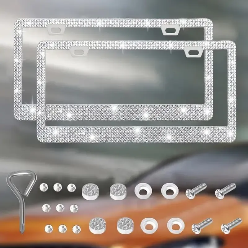 Rhinestone Automotive Car License Plate Frame Kit, Stainless Steel License Plate Cover Protector, Car Exterior Decoration Accessories