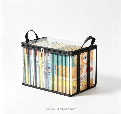 4 Pack Transparent Foldable Storage Box with Handle, Clear Book & File Organizer Bin
