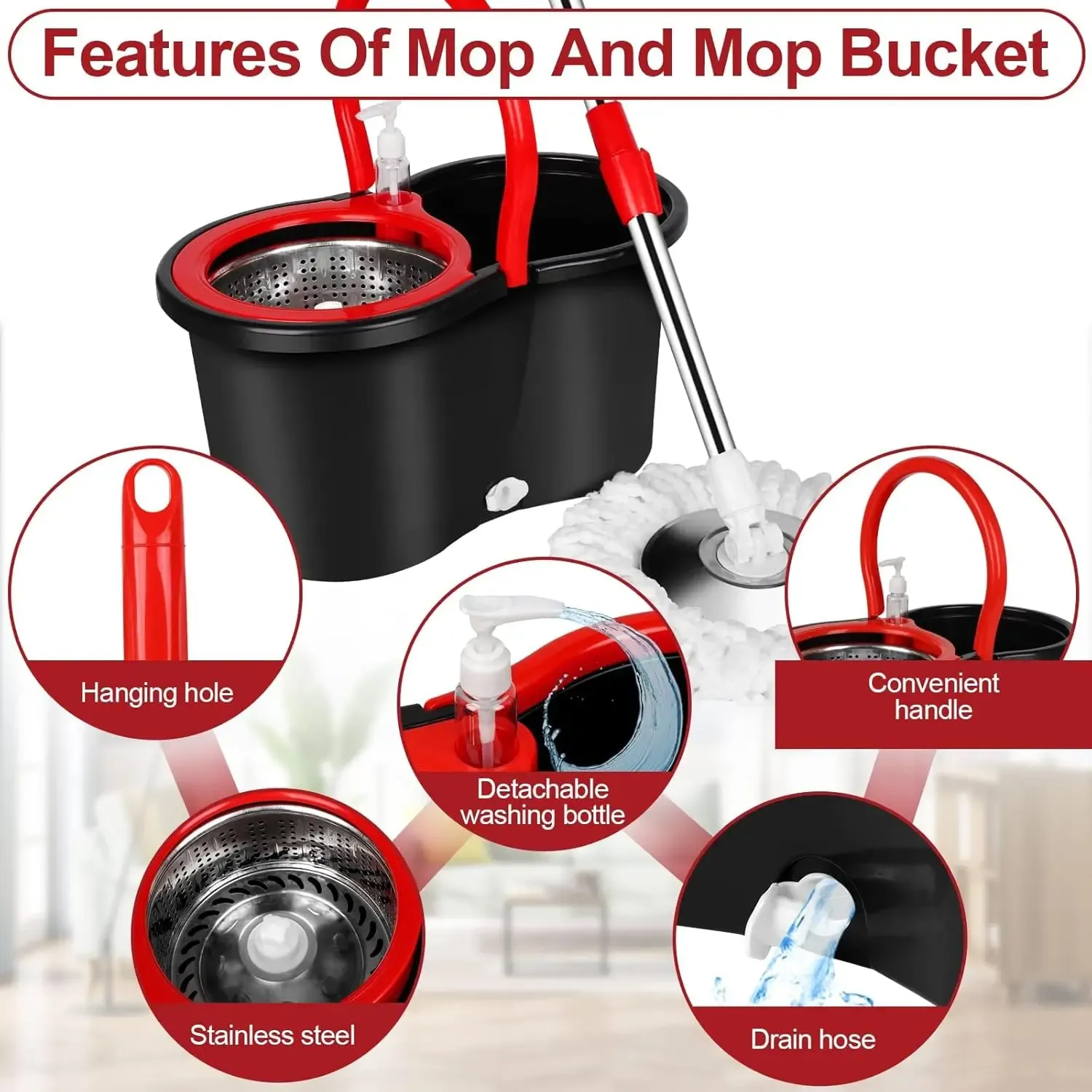 Spin Mop And Bucket Set with Wringer, 360° Rotating Mop Bucket System, Includes 2 Microfiber Mop Refill Heads And A 61-Inch Adjustable Stainless Steel Handle, Ideal for Bathroom Use, Efficient Floor Cleaning, Home Cleaning