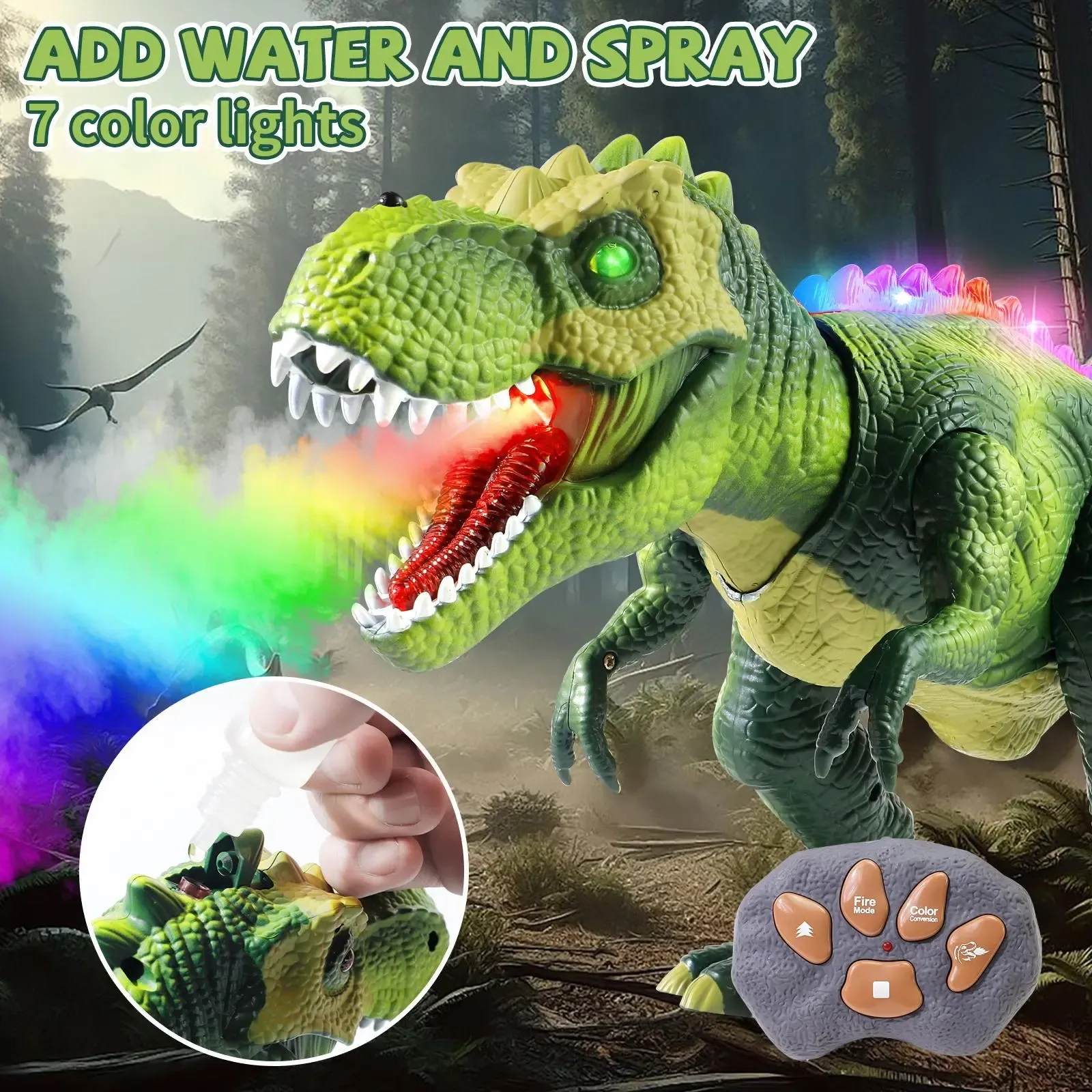 Remote Control Dinosaur Toy with Spray Mist Walking T-Rex LED Lights Roaring Sound RC Jurassic Dino for Kids Boys Girls Gift Interactive Play Engaging Fun