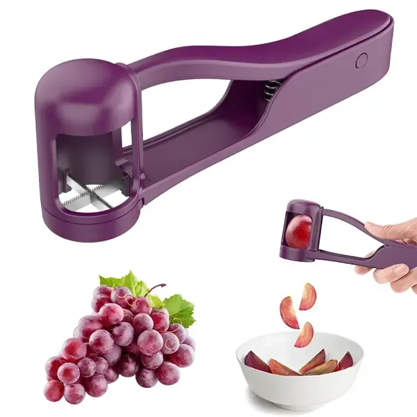 Designed specifically for babies aged 1 to 3 years old-Stainless Steel Fruit Cutter - Durable ABS Fruit Tool for Toddlers 1-3, 1-Press Quarter Slicing, Automatic Spring Return, Thumb Operation, Safe for Cherry Tomato, Kids' Snacks, Outdoor Activities, Party Platters Kitchen Supply