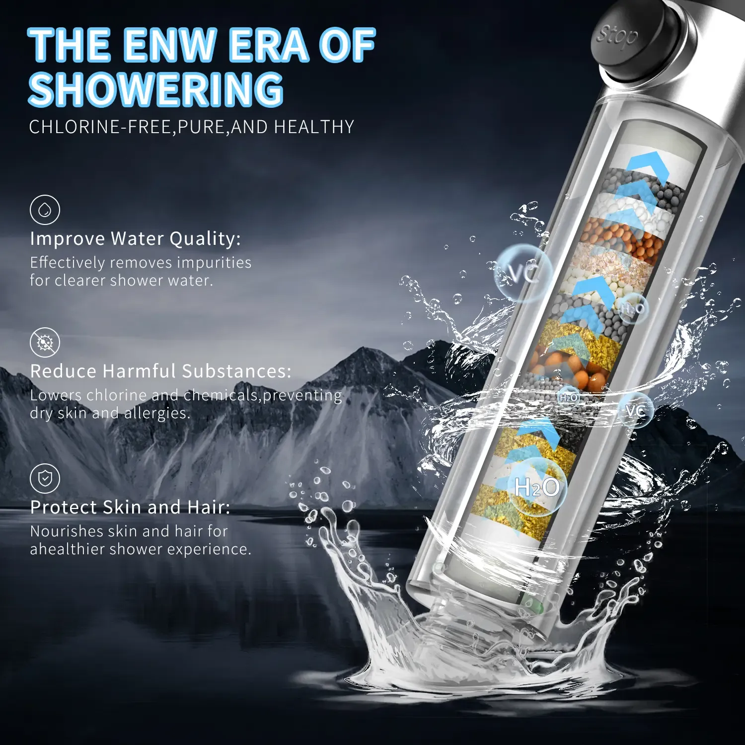 Chrome Effect Pressure Boosted Handheld Filter Shower Head, 4-Setting Massage Spray, 60s Hose, Easy Install, Low Flow, 1-Touch Water Stop, Micro-Technology Nozzles, Bathroom Fixture, Pressure Boosted Shower, Chrome Effect Showerhead Filters