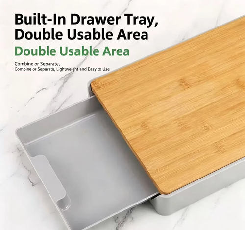 Multifunctional Bamboo Cutting Board with Storage Drawer & Garlic Ginger Grinder, Double Sided Anti Slip Kitchen Chopping Board