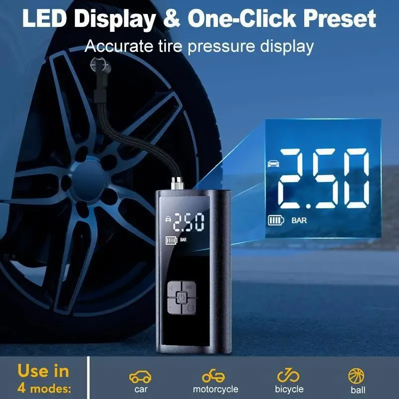 Portable Wireless Car Air Compressor Pump, Cordless Vehicle Tire Inflator, Multifunctional Electric Air Pump, Tire Inflation Tool for Cars, Bicycle Tires and Balls