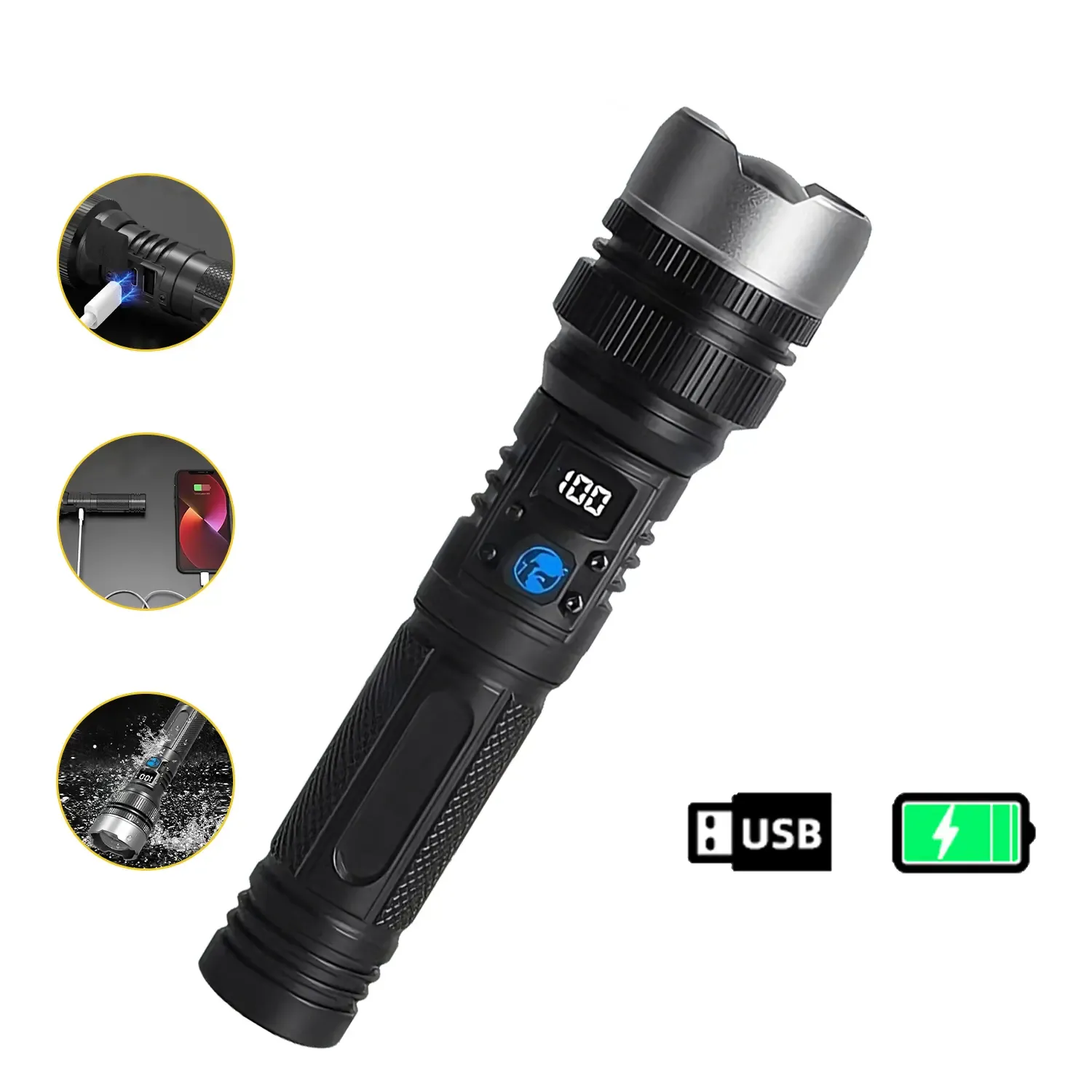 2-in-1 Strong Flashlight (Power Bank), Digital display ofpower, Rechargeable, Zoomable,, X4Waterproof,Adjustable Brightness Flash Light for Outdoor, Emergency,Camping Accessories, Black tiktokshopsummersale outdoorfun