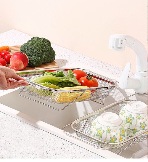 Kitchen stainless steel filter basket - 6-quart foldable filter basket, capable of filtering and storing, with extendable rubber handle - rectangular sieve, fine stainless steel filter and filter basket, suitable for kitchen