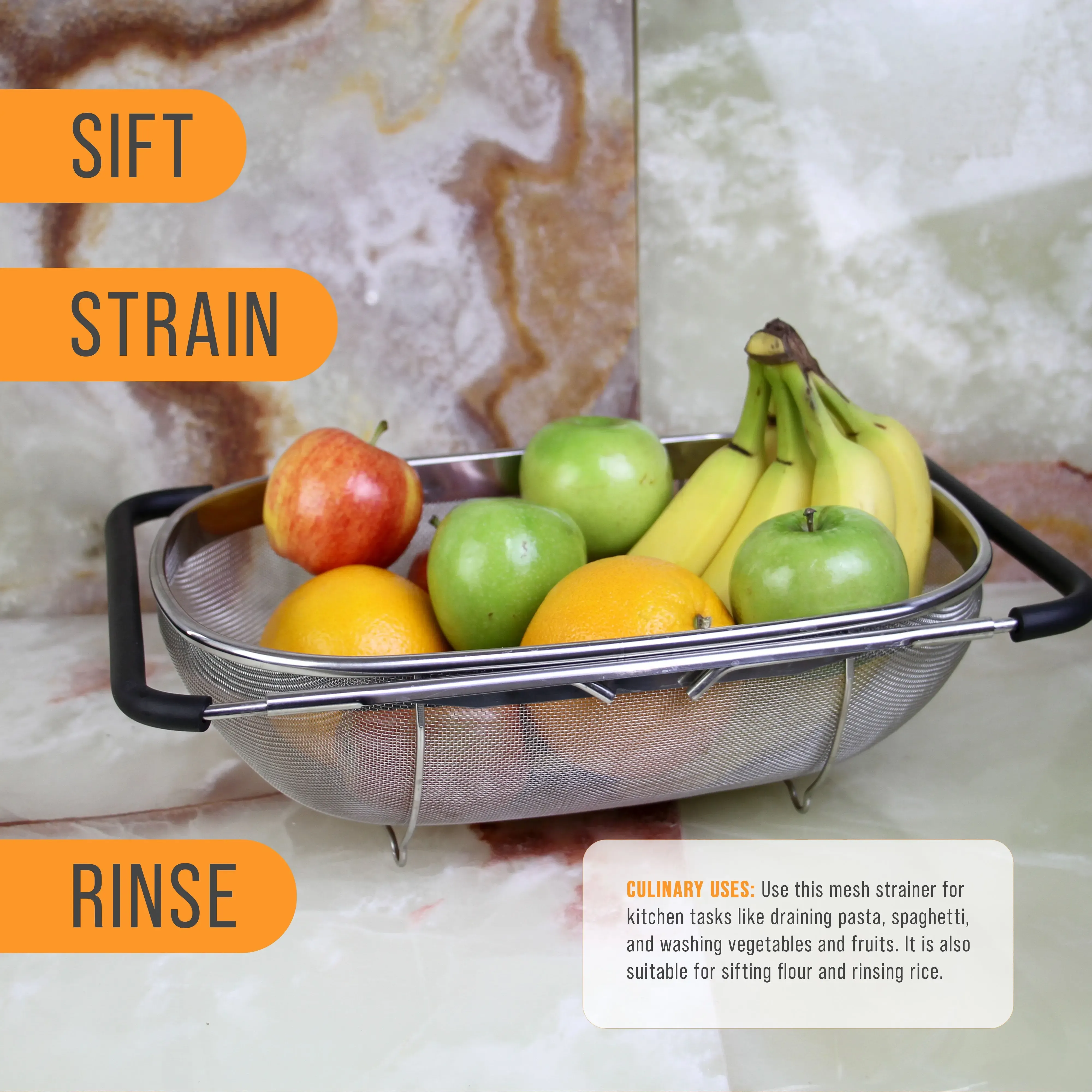 Kitchen stainless steel filter basket - 6-quart foldable filter basket, capable of filtering and storing, with extendable rubber handle - rectangular sieve, fine stainless steel filter and filter basket, suitable for kitchen