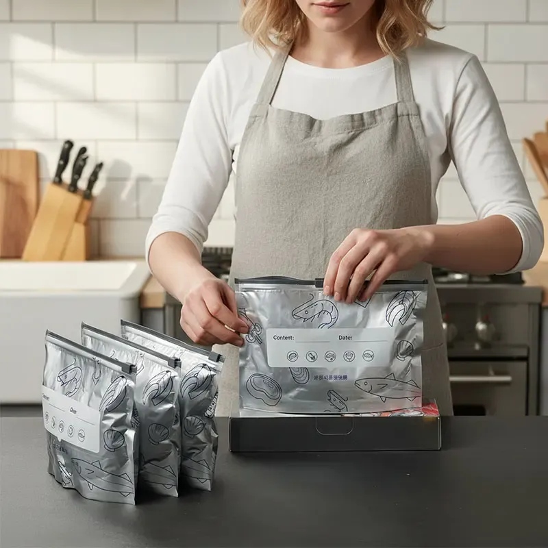 New reusable upgraded thickened upright aluminum foil sealing storage bags, with labels and zipper locks, suitable for washable kitchen items like vegetables, fruits, and meat