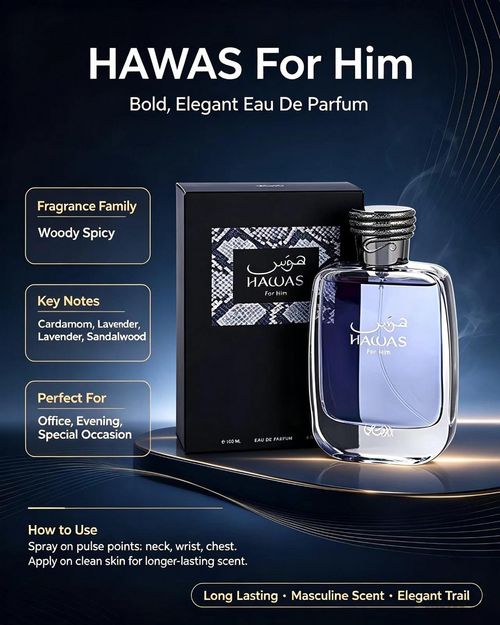 Hawas for Men Eau de Parfum 100ml 3.4 oz by Rassasi Men Perfume Fragrance, Long Lasting Aquatic Mens Perfume.