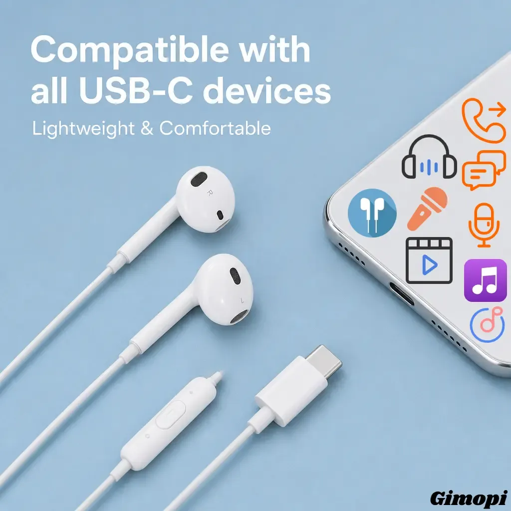 USB-C Wired Semi-In-Ear Headphones, Clear HiFi Stereo Wired Earbuds with Built-in Mic - Adjustable Volume Buttons, Lightweight Portable Daily Earphones, Compatible with iPhone 15,16,17,18, Samsung Galaxy Series, Hands-Free Calling - Daily Audio Use