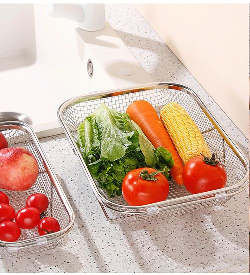 Kitchen stainless steel filter basket - 6-quart foldable filter basket, capable of filtering and storing, with extendable rubber handle - rectangular sieve, fine stainless steel filter and filter basket, suitable for kitchen