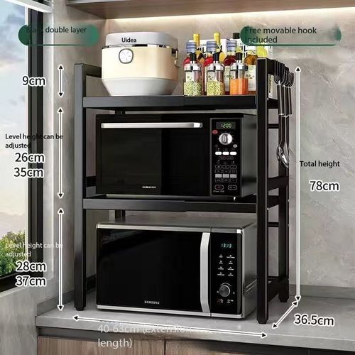 Adjustable Extendable Double-Layer Carbon Steel Microwave Rack - Kitchen Organization Solution for Home Kitchens Small Spaces, Spices Up Top Shelf, Assembly Required, for Countertop Utensils, Dishes & Small Appliances, Dorms