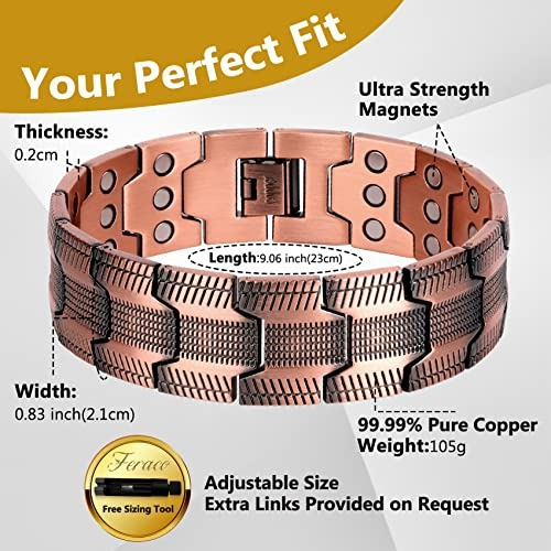 Men's Adjustable 99.99% Pure Copper Energy Bracelet — 3500 Gauss Magnetic Therapy Bracelet or Bangle,suitable for daily wear, comes in a gift box.