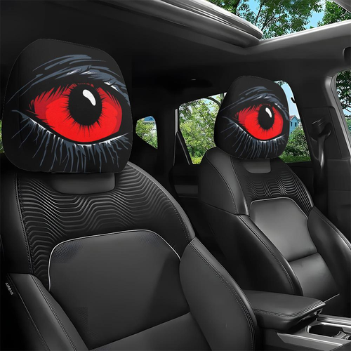 (2-Piece Set) Universal Red Devil's Eye Car Seat Headrest Covers – Red and Black Gothic Design,Washable Cotton Car Accessory, Durable, Stretchy Protective Covers