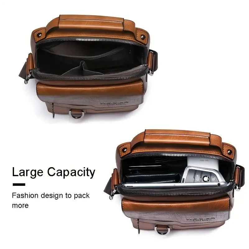 WEIXIER Men's PU Leather Crossbody Messenger Bag - Retro Street Vibe Multifunctional Bag, Large Capacity, Adjustable Strap, Everyday Carry for Business Travel, Daily Use, Unique Gifts for Man, Accessories Adults