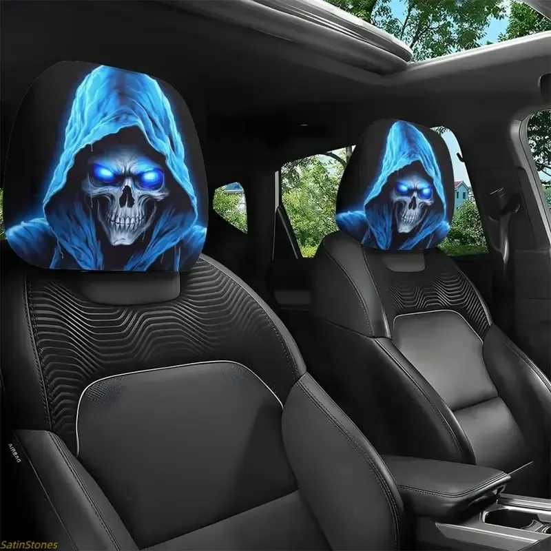 (2-Piece Set) Universal Red Devil's Eye Car Seat Headrest Covers – Red and Black Gothic Design,Washable Cotton Car Accessory, Durable, Stretchy Protective Covers