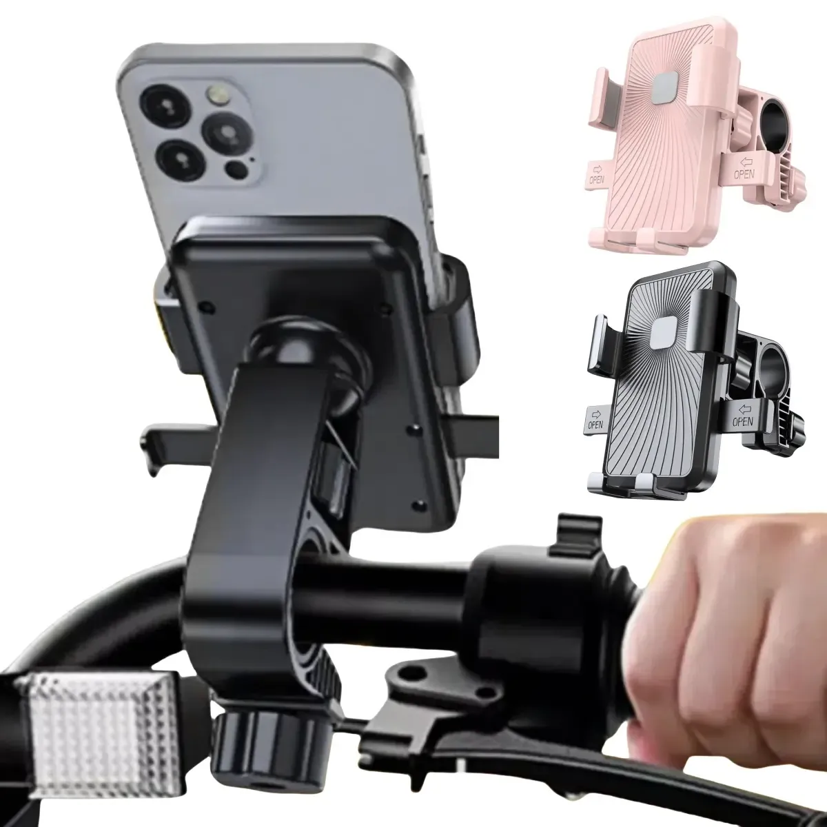 Universal smartphone mount for bicycles and motorcycles (unisex), featuring 360° rotation and shock absorption. It comes with a handlebar clamp and offers quick-release, anti-slip, and easy-installation capabilities,compatible with 4.7–7-inch smartphones and fits 0.8–1.1-inch handlebars on scooters and e-bikes.