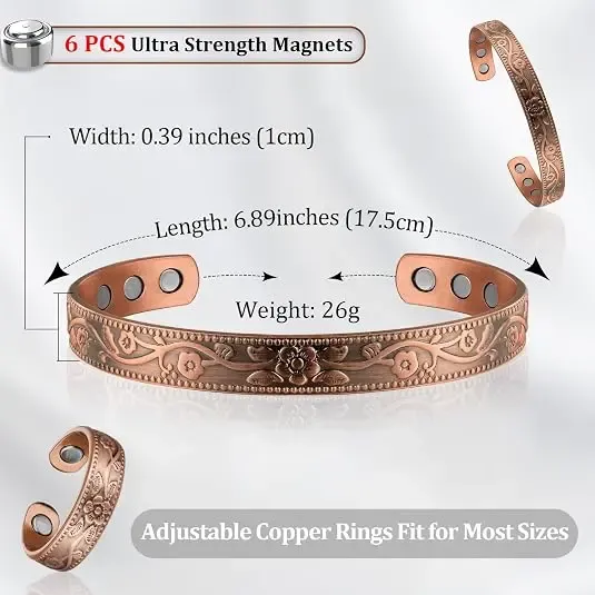 Solid copper jewelry set (bracelet + ring) — featuring a minimalist, vintage-style bracelet paired with a magnetic ring adorned with a leaf motif.stylish and chic, perfect for everyday wear.Adjustable size,suitable for both men and women.