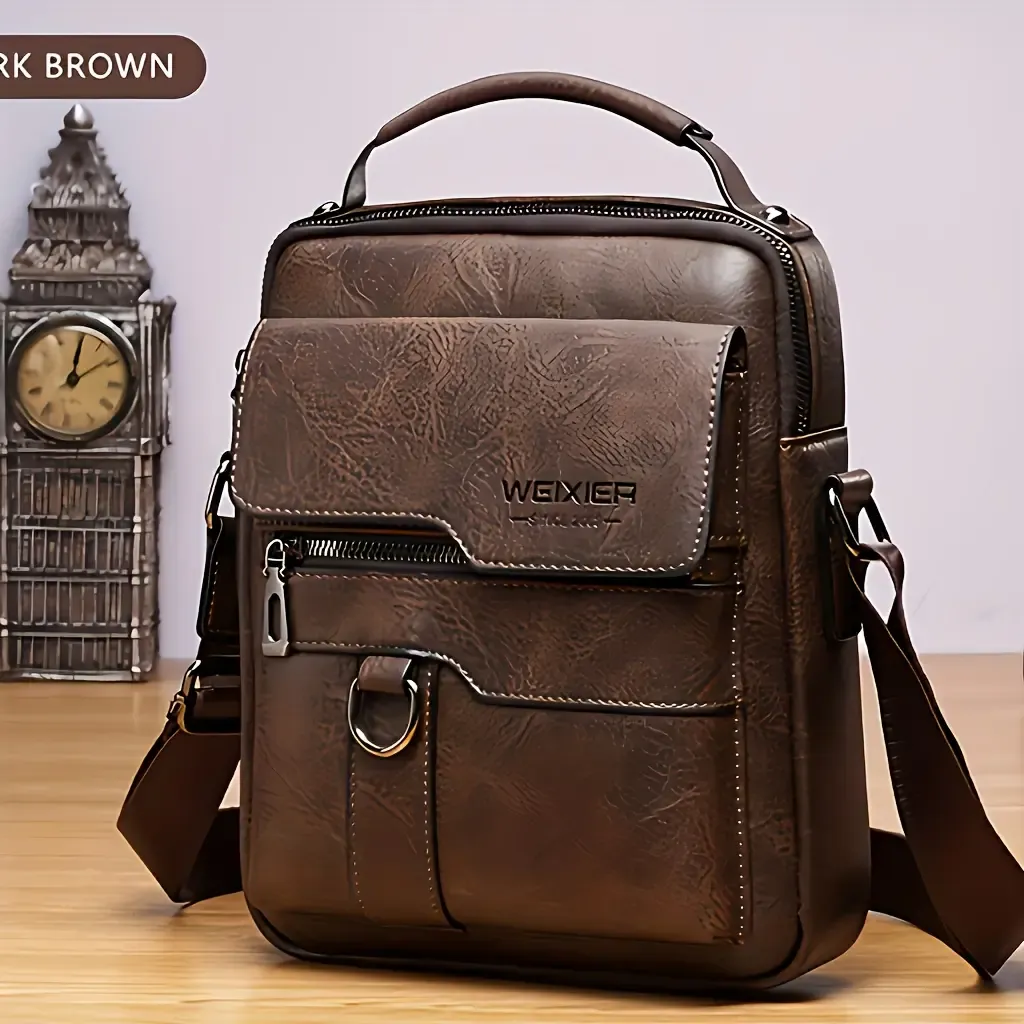 WEIXIER Men's PU Leather Crossbody Messenger Bag - Retro Street Vibe Multifunctional Bag, Large Capacity, Adjustable Strap, Everyday Carry for Business Travel, Daily Use, Unique Gifts for Man, Accessories Adults