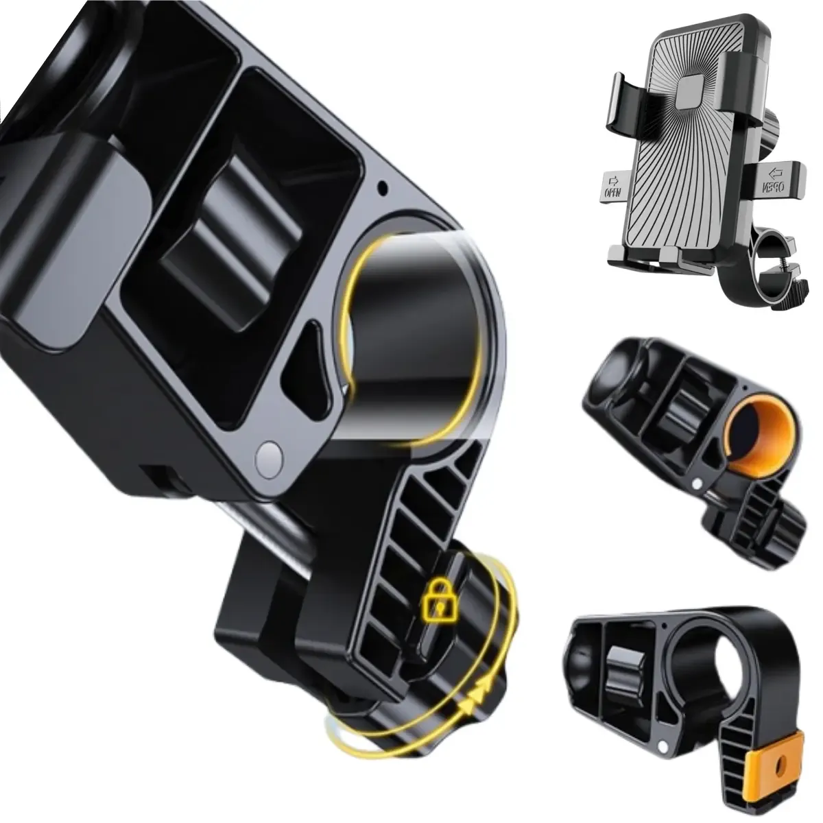 Universal smartphone mount for bicycles and motorcycles (unisex), featuring 360° rotation and shock absorption. It comes with a handlebar clamp and offers quick-release, anti-slip, and easy-installation capabilities,compatible with 4.7–7-inch smartphones and fits 0.8–1.1-inch handlebars on scooters and e-bikes.