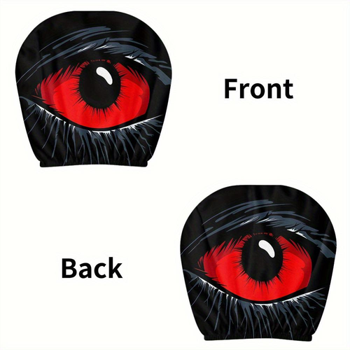 (2-Piece Set) Universal Red Devil's Eye Car Seat Headrest Covers – Red and Black Gothic Design,Washable Cotton Car Accessory, Durable, Stretchy Protective Covers