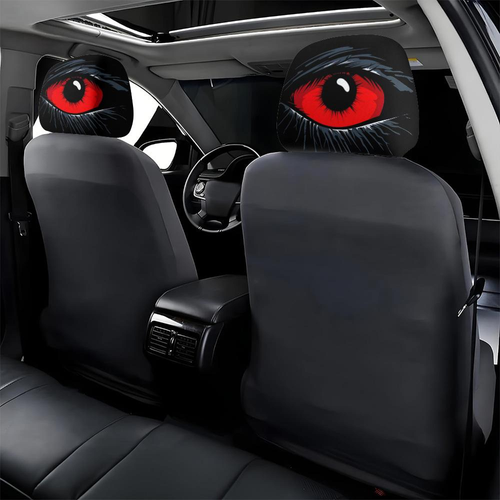 (2-Piece Set) Universal Red Devil's Eye Car Seat Headrest Covers – Red and Black Gothic Design,Washable Cotton Car Accessory, Durable, Stretchy Protective Covers